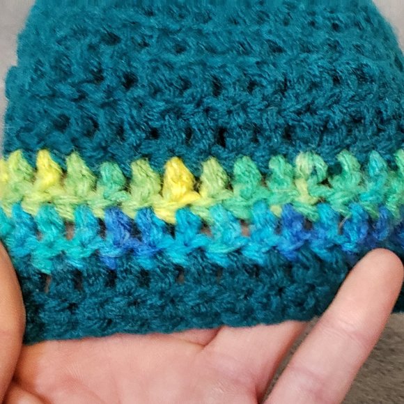 Childs Beanie Crocheted Knit Hand Made Small Pom Teal Toboggan - Picture 6 of 7